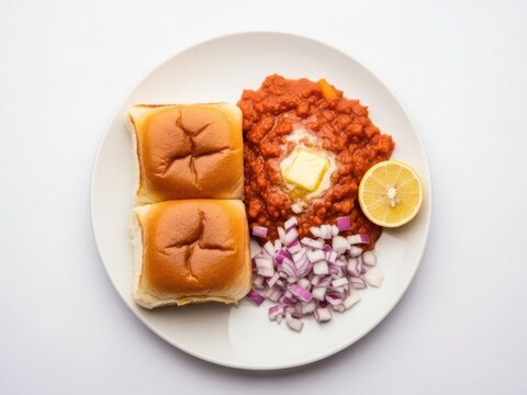 A delicious plate of pav bhaji with vibrant toppings and lemon wedges