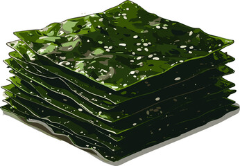Stack seasoned nori Kelp Kombu seaweed sheets sesame seeds Japanese food ingredient white background