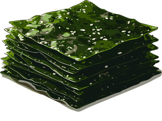 Stack seasoned nori Kelp Kombu seaweed sheets sesame seeds Japanese food ingredient white background
