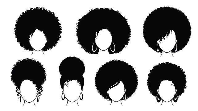 Diverse afro hairstyles depicted in a striking black and white silhouette