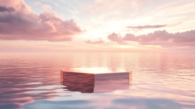 Elegant feminine product showcase platform hovering above glass-like water surface at dawn, rose gold hexagonal display stand catching first light, coastal background with soft pastel clouds, subtle