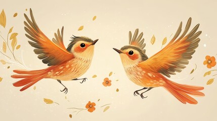 Obraz premium Playful illustrated robins mid-flight with exaggerated wingspans, detailed feather patterns in warm amber and russet tones, cheerful expressions with tiny smiles, motion lines indicating swift flight