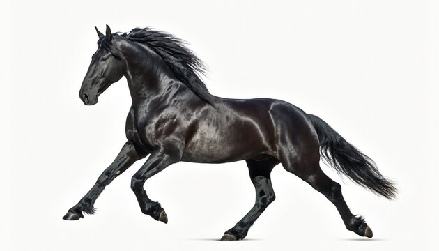 Powerful Black Friesian Horse Galloping on White