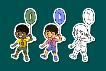 Cute Cartoon Boys Holding Letter O Balloons Sticker Set