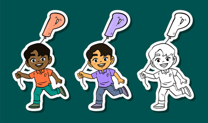 Cute Cartoon Boys Holding Letter P Balloons Sticker Set