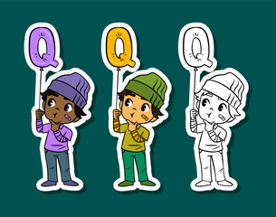Cute Cartoon Boys Holding Letter Q Balloons Sticker Set