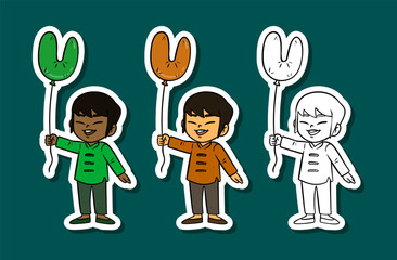 Cute Cartoon Boys Holding Letter U Balloons Sticker Set