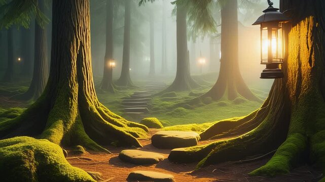 Misty forest with glowing lantern hanging from tree trunk
