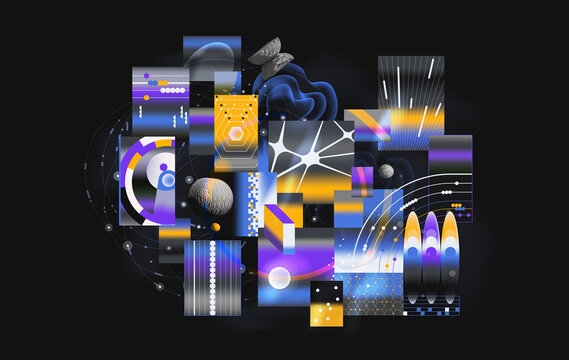 Abstract geometric space blocks with cosmic elements