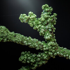 Green lichen structure growing on a dark background