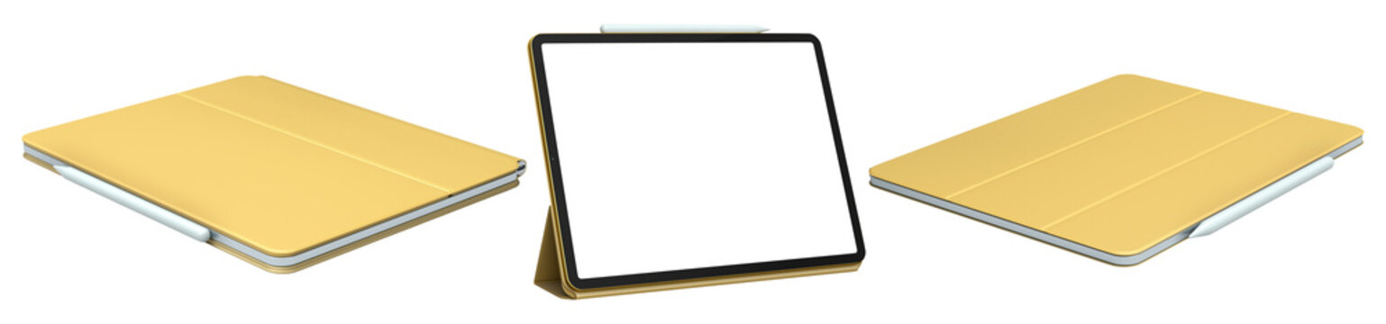 Set of modern digital tablets in protective cases with blank screen, isolated on white isolated background