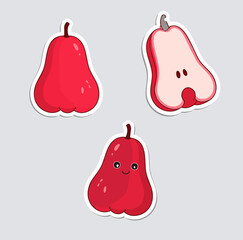 Cute cartoon red wax apple sticker set illustration kawaii faces whole and half fruit characters pears 