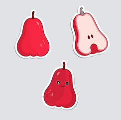 Cute cartoon red wax apple sticker set illustration kawaii faces whole and half fruit characters pears 
