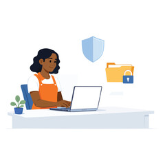 Data Security and Privacy Illustration &ndash; Woman Working on Laptop with Shield and Lock Icons