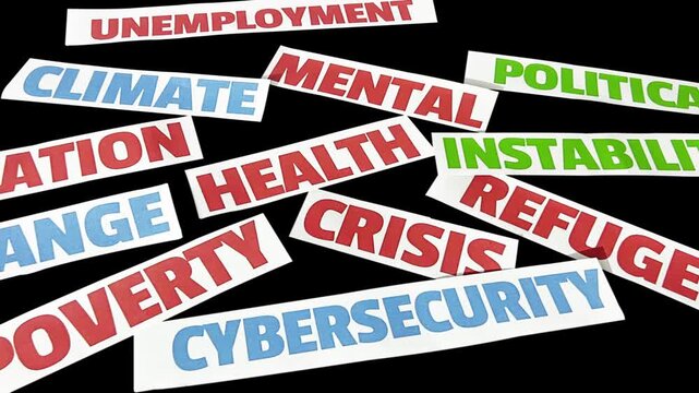 Global Issues written on the pieces of paper scattered in colorful typography, black backdrop. Inflation, unemployement, crisis, instability, poverty