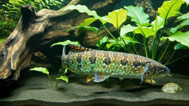 A vibrant, speckled freshwater fish gracefully glides through a meticulously arranged underwater habitat, showcasing its distinctive patterned scales and fins. The serene aquatic environment is enrich