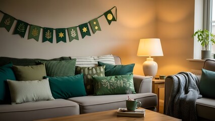 Cozy st patrick's day living room decor with green accents and shamrock garland