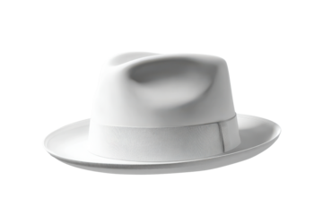 White Fedora Hat with Gray Ribbon Band Isolated on Black Background