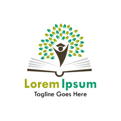 Abstract education logo featuring a human figure growing into a tree from an open book, symbolizing knowledge, growth, and academic success in a natural environment.