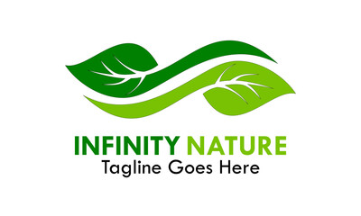 Modern infinity symbol formed by two green leaves, representing sustainable energy, endless nature, and environmental harmony.
