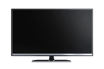 Blank turned off flat screen monitor on black background with stand display
