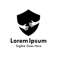 Security shield emblem with protective hands inside, representing safety, insurance, home care, and reliable guardianship.