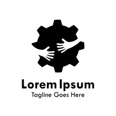 Industrial gear icon with two hands shaking or embracing inside, symbolizing teamwork, partnership, engineering support, and community cooperation.