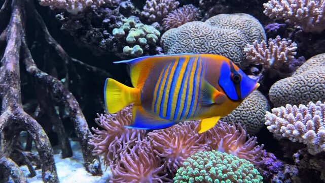 A vibrant tropical fish gracefully glides through a stunning underwater environment, showcasing its brilliant blue and yellow striped patterns against a backdrop of diverse marine life. The crystal-cl