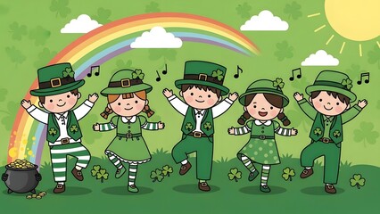 Happy st patrick's day celebration with kids in green attire under rainbow
