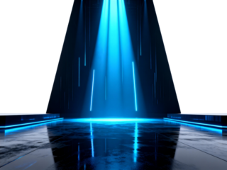 Futuristic Blue Neon Stage with Reflective Floor