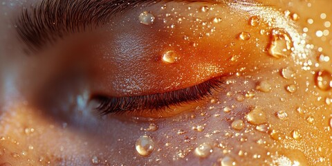 Close-up of human eye with hazel iris and water droplets on moist skin and eyelashes under strong lighting. Generative by AI.