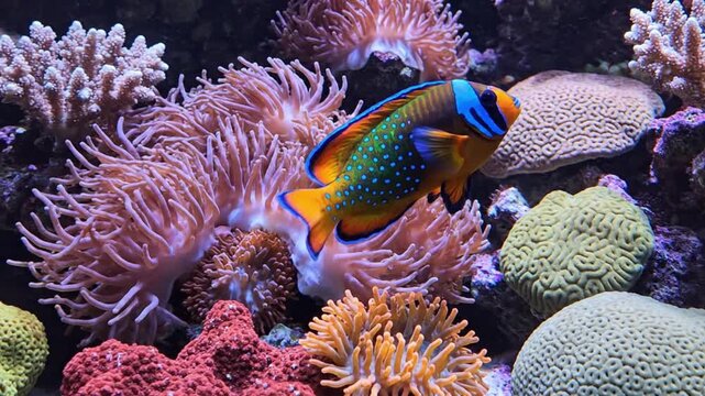 A vibrant underwater ecosystem thrives with a stunning array of marine life. A brilliantly colored tropical fish, adorned with striking blue patterns and vivid fins, gracefully navigates through a lus