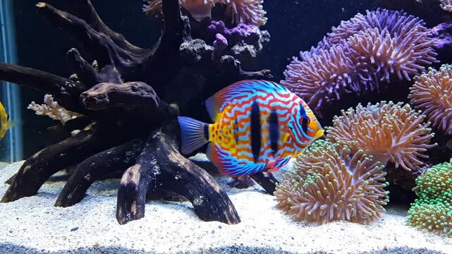 A vibrantly colored discus fish, adorned with intricate patterns of radiant blue, fiery red, and sunny orange, gracefully glides through a meticulously arranged freshwater aquarium. The underwater sce