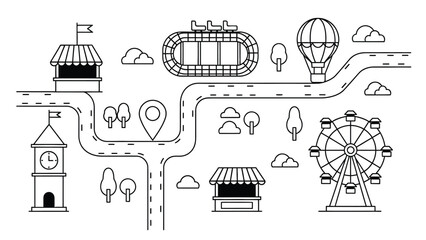 A colorful illustration of an amusement park with various attractions and roads