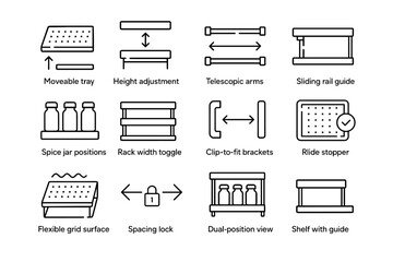 Adjustment lock spice icon side stopper adjustable height view vector shelf rack