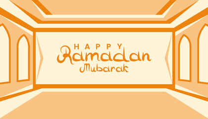 Happy ramadan mubarak typography inside mosque minimalist vector illustration for islamic greeting