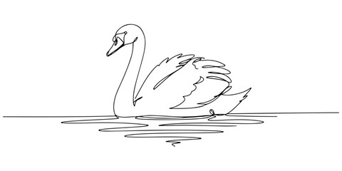 Continuous one line of a swan floating gracefully on the water, world of animals and wildlife, drawn vector illustration. © Haus