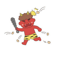 節分のイラスト素材　豆をぶつけられる赤鬼
