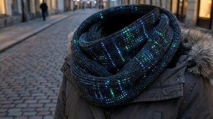 Woman Wearing Sparkly Scarf on Cobblestone Street