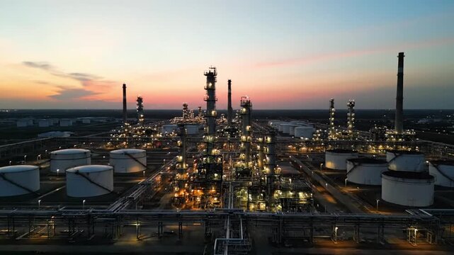 drone view over massive oil refinery facility at evening symmetrical storage tanks industrial pipelines refinery columns glowing lights soft pastel sunset sky realistic lighting slow camera movement h
