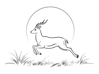 Minimalist, coloring book line art illustration of a graceful antelope jumping mid-air in the savanna, with flowing, continuous black lines on a clean white background. Generative AI