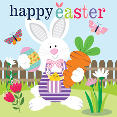 Happy easter with bunny, carrot and egg