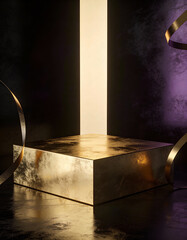 Abstract Golden Block Platform with Subtle Texture on Dark Luxury Background, High-End Commercial Look for Premium Product Advertising, Branding Mockups, Editorial Design, and Elegant Visual Presentat
