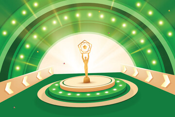 Golden Premium Luxury Award On Podium With Glowing Bling Lights On Green Background. Royal Theme Award Event Concept Design Vector Illustration.