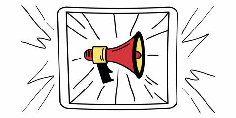 Red and yellow megaphone in a square black symbol
