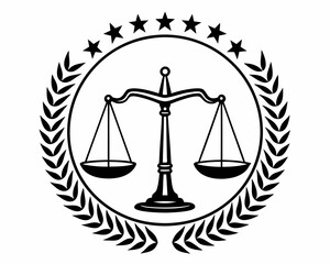 Black and white of scales surrounded by laurel wreath and stars