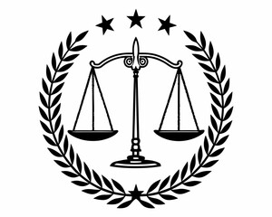 Black and white of scales surrounded by laurel wreath and stars 1