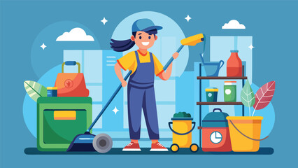 A woman is tidying up a room filled with various items, organizing and cleaning the space efficiently