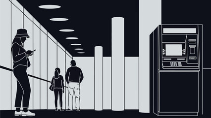 A futuristic illustration of people waiting in line for an automated machine