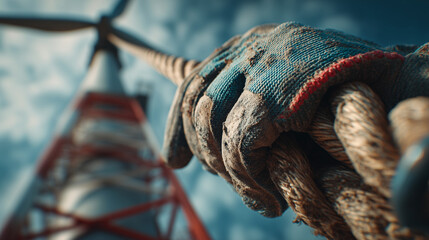 Rope access maintenance on wind turbine tower.
